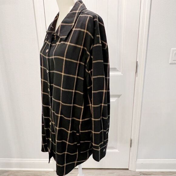 Isaac Mizrahi Live Plaid Black Tan Shacket Long Sleeve Size XL Mid Length - Picture 3 of 16